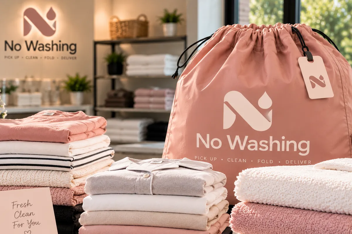A dusty rose No Washing drawstring bag beside stacks of folded laundry