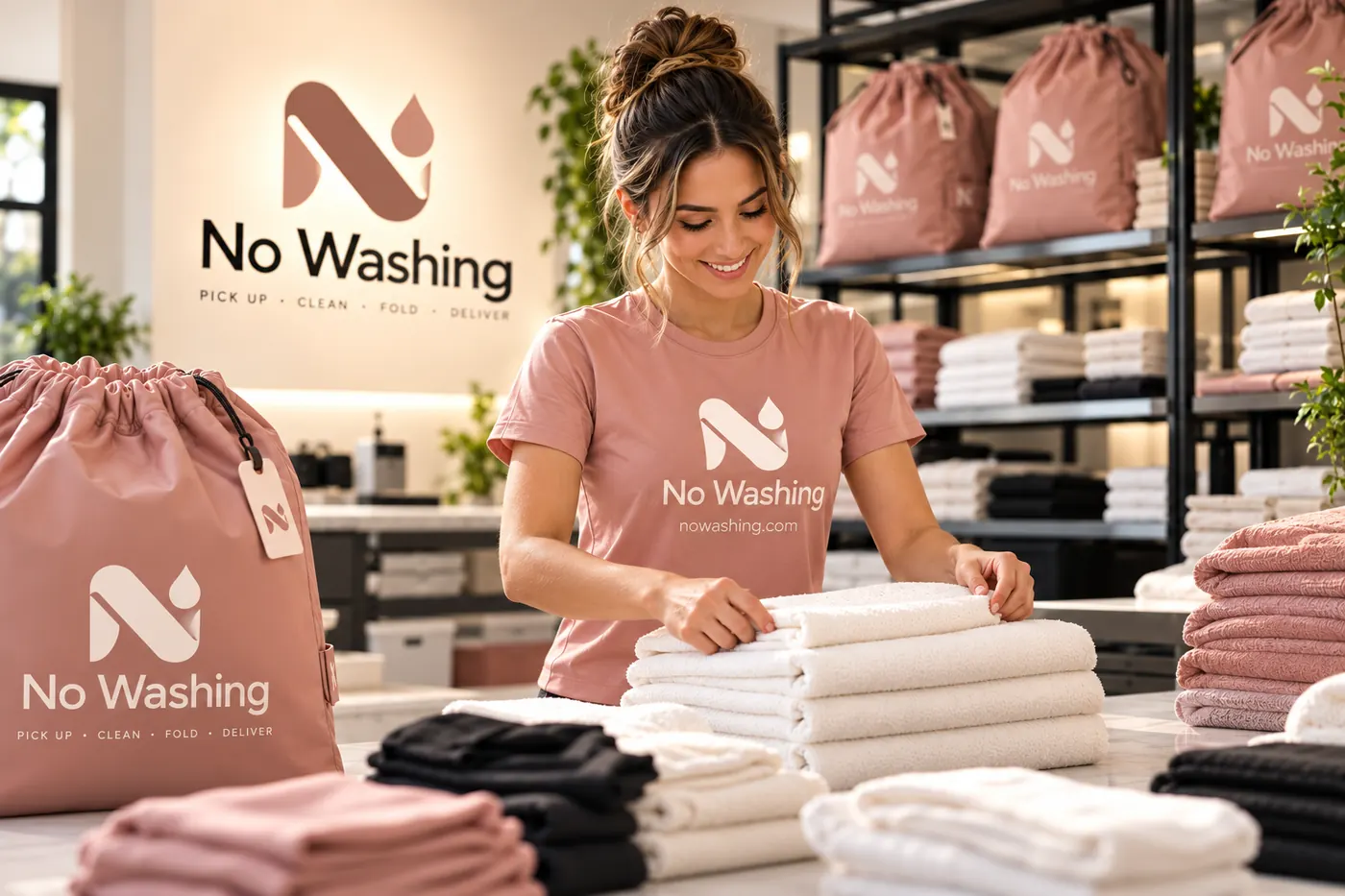 A smiling No Washing team member folding white towels in front of a large No Washing logo wall, branded bags on the shelves