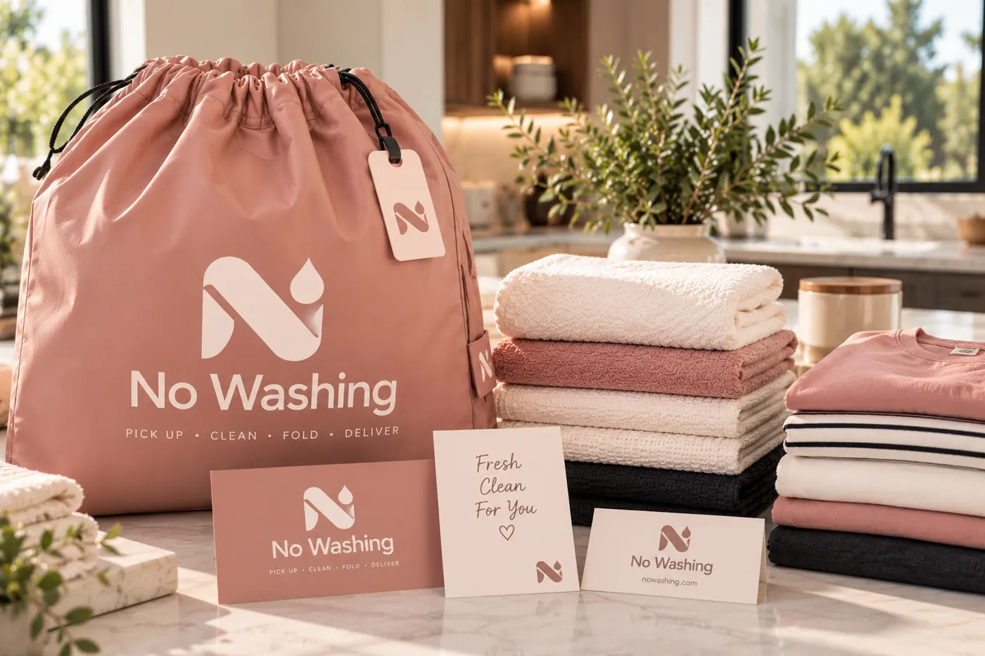 A dusty rose No Washing drawstring bag with folded towels and clothes, a Fresh Clean For You card and No Washing cards