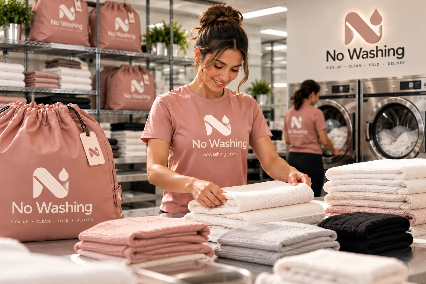 A No Washing team member folding white towels at a counter, with stacks of folded laundry and branded bags on the shelves
